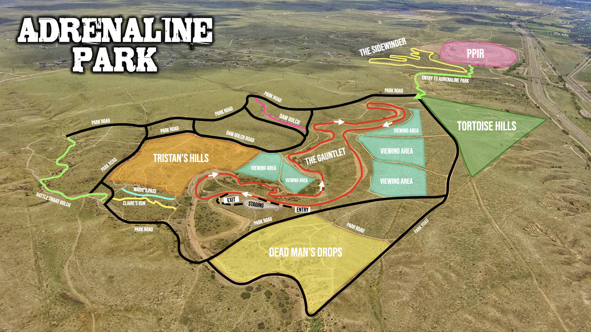 A detailed map of Adrenaline Park showing various trails, viewing areas, and themed sections such as Tristan's Hills, Dead Man's Drops, Tortoise Hills, The Gauntlet, and PPIR. The map includes roads, entry and exit points, staging area, and highlights features like the Sidewinder and Dam Gulch.