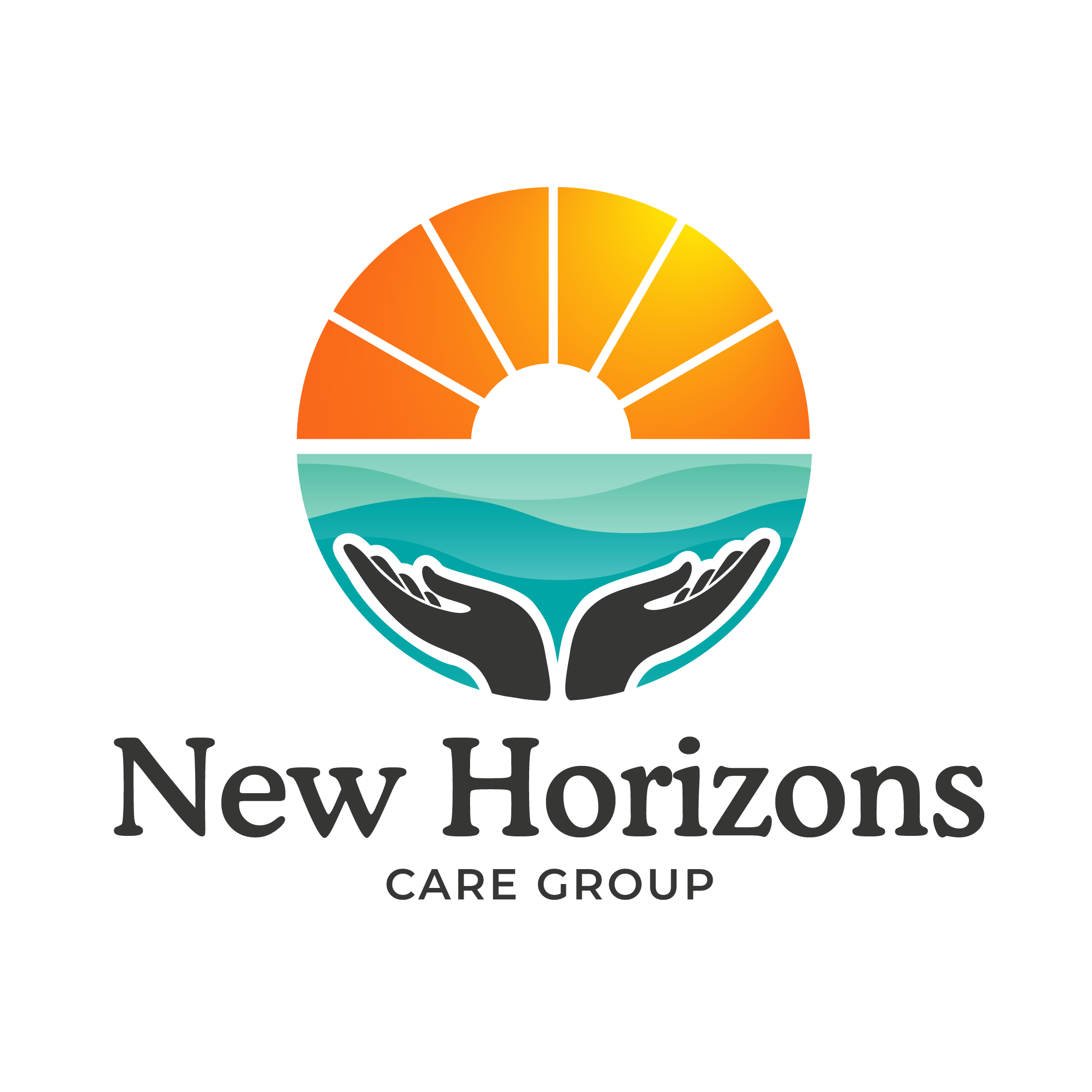 Logo for New Horizons Care Group featuring a stylized sun with orange and yellow segments above teal water with two black hands cupping the water, and the text "New Horizons" in large black font with "CARE GROUP" below in smaller capital letters.