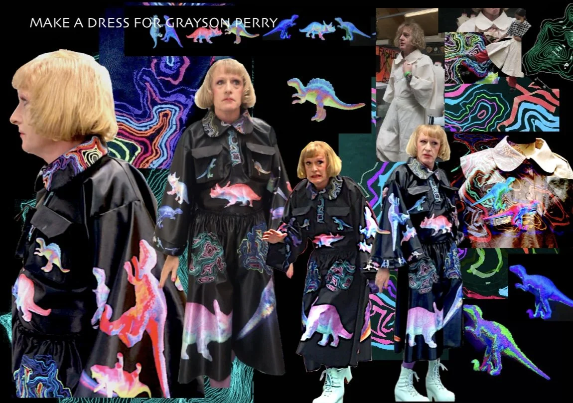 ‘MAKE A DRESS FOR GRAYSON PERRY’ June 2021 made and bought by Grayson, based upon dinosaurs and the visual of the print being in theme with Graysons fashion and costume style. Influenced by my prehistoric interests birthed in the first lockdown, bein