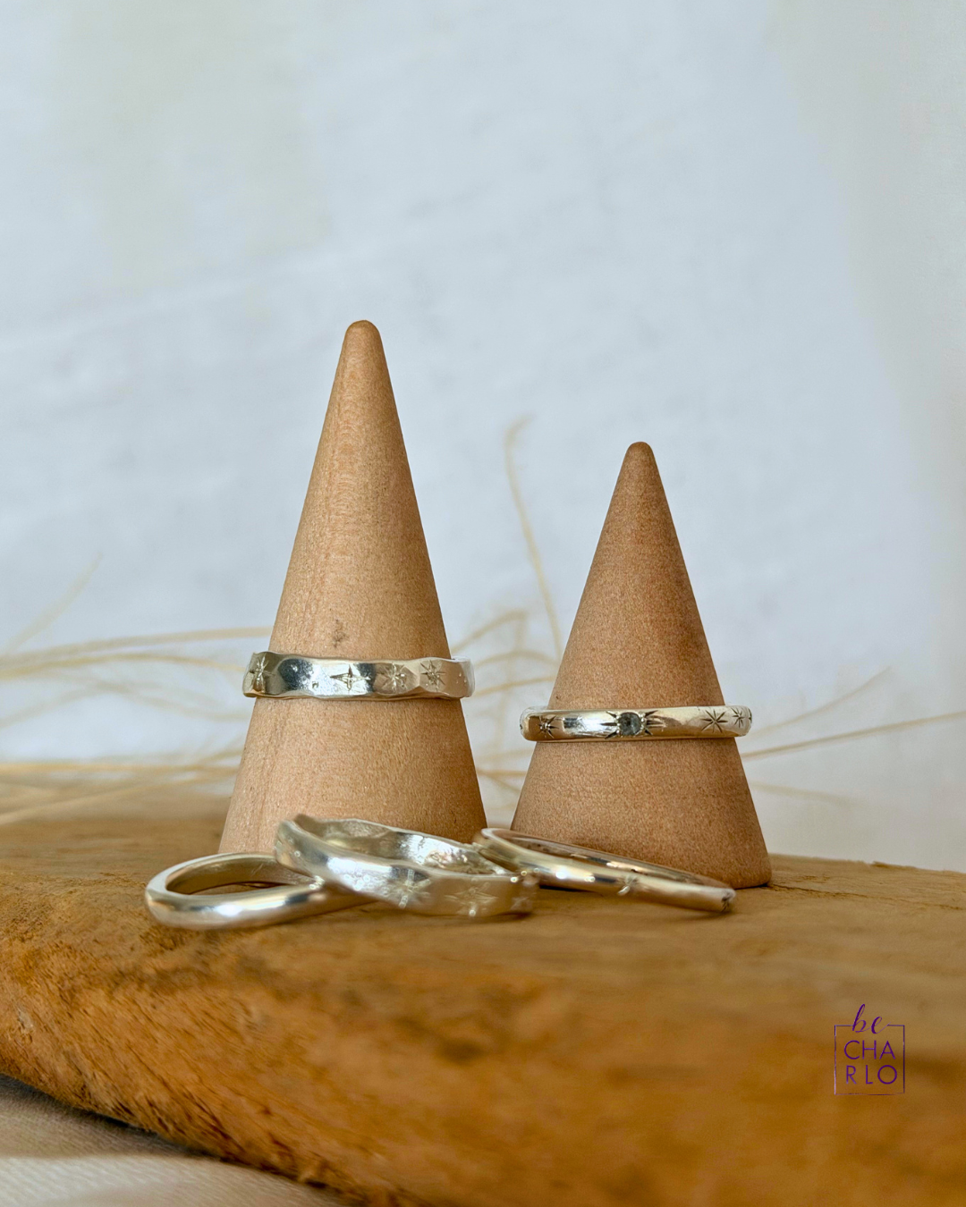 Star Silver Rings - Handcrafted sterling silver rings featuring individually hand-engraved star motifs. Created using traditional goldsmithing and engraving techniques, each ring carries subtle variations that make it unique