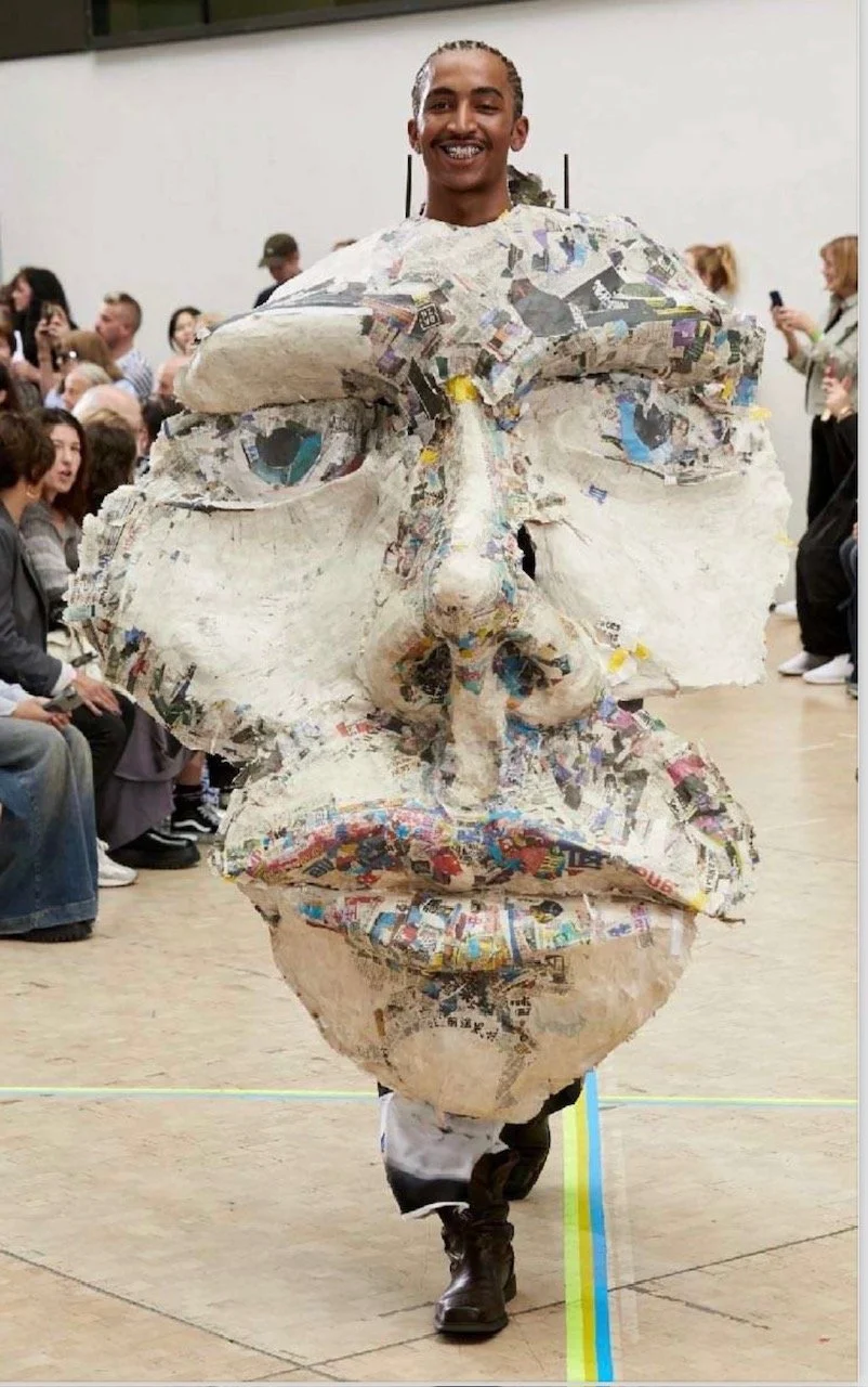  ‘MAX’ July 2023 Central Saint Martins Press show. Papier Maché face, based upon the maxillofacial surgery Joel had in 2021. Using recycled newsprint, British and Japanese. 