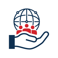 A hand holding a globe with a network of connected dots and three red figures standing on top of the hand.