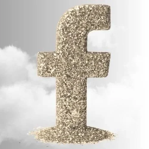 A large letter 'F' made of sand or glittery material with a cloudy sky in the background.