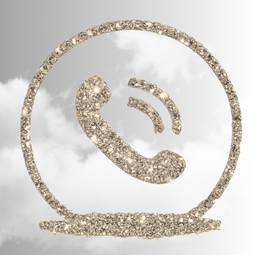 A glittery silver phone icon inside a circle with a cloud sky background.