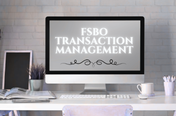 FSBO Transaction Management and Services on a white desk with a notebook, pen, mug, plant, and stationery.