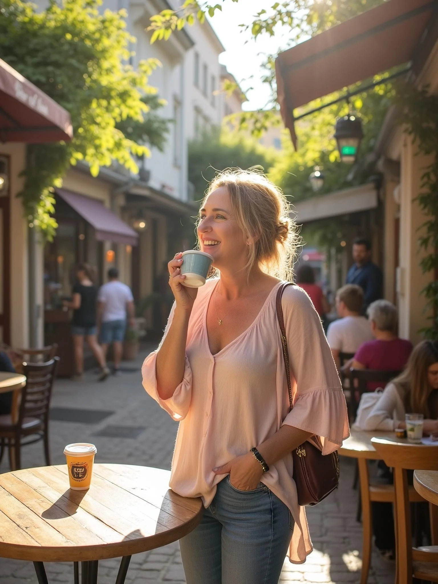“Relaxed woman enjoying coffee outdoors, representing balance and freedom in real estate workflows.”