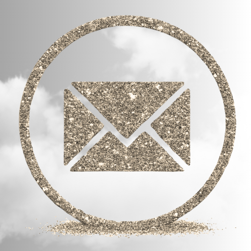 A glittery silver mail or email icon within a circle, set against a cloudy sky background.