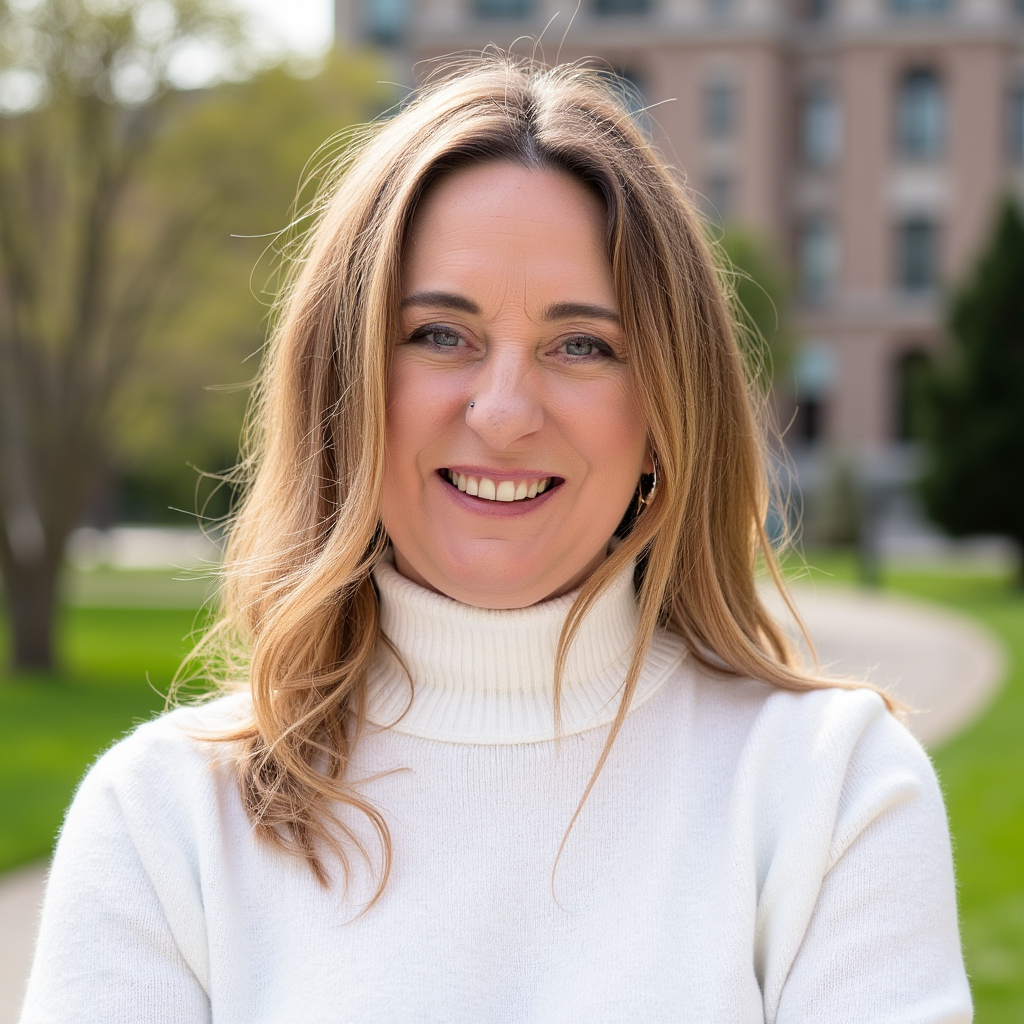 A woman with light brown hair, blue eyes, and a bright smile, wearing a white turtleneck sweater, standing outdoors on a sunny day with trees and a building in the background.