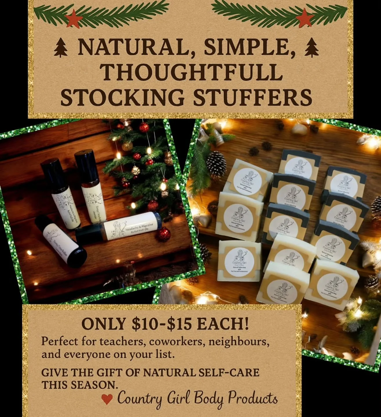 🎄 Natural, Simple, Thoughtful Stocking Stuffers 🎄

Our Natural Tallow Soaps and Aromatherapy Roller Balls make the perfect stocking stuffers this Christmas!
Handmade in small batches, family-operated, and crafted with wholesome ingredients your ski
