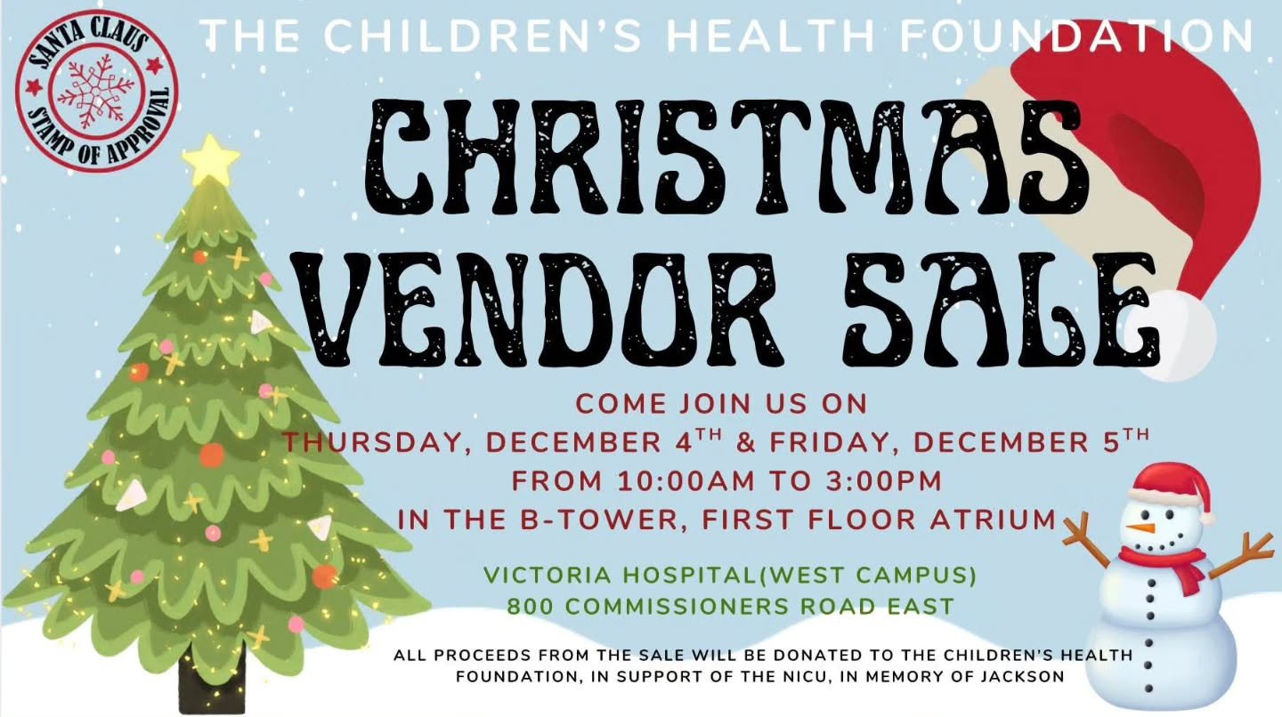 Today and tomorrow 10am-3pm

LHSC Victoria Campus B Tower Atrium
Come see us and get all your preserves and natural skincare. There are so many amazing vendors to check out in support of Children's Health Foundation