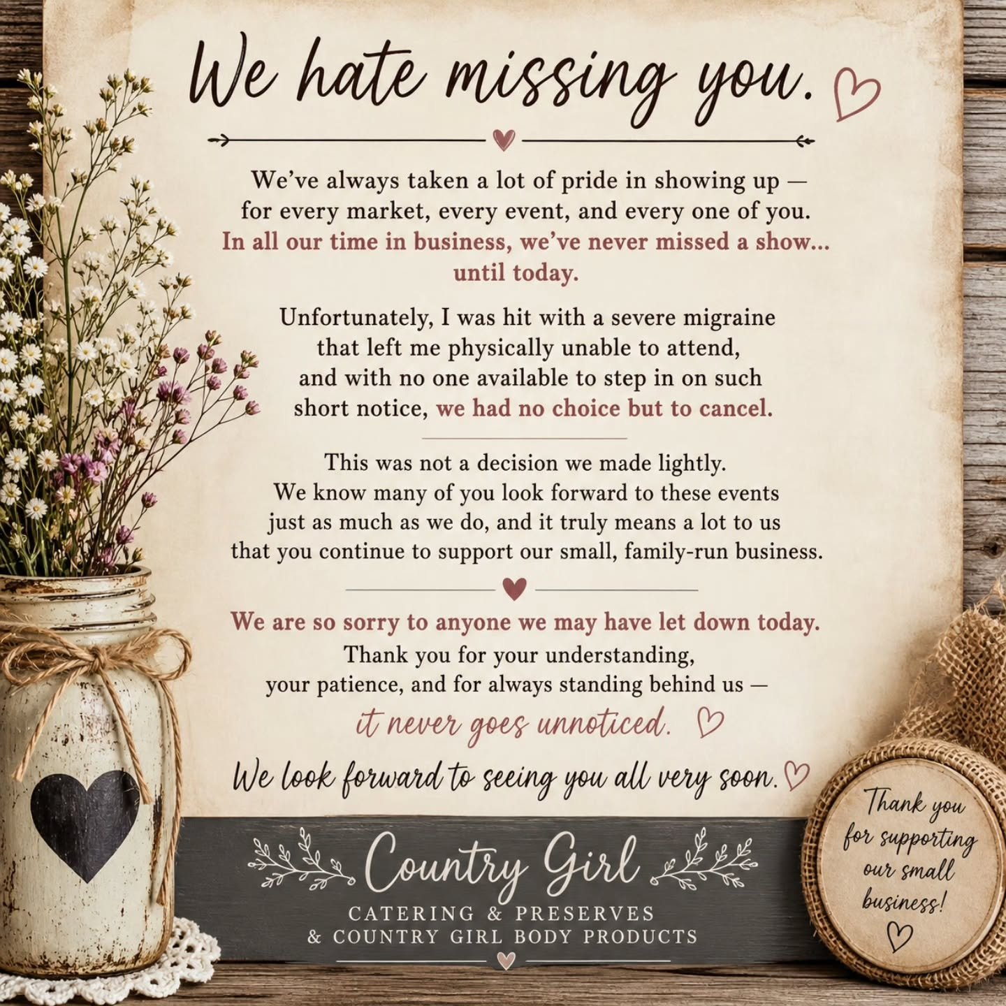 We&rsquo;ve always taken a lot of pride in showing up &mdash; for every market, every event, and every one of you. In all our time in business, we&rsquo;ve never missed a show&hellip; until today.

Unfortunately, I was hit with a severe migraine that