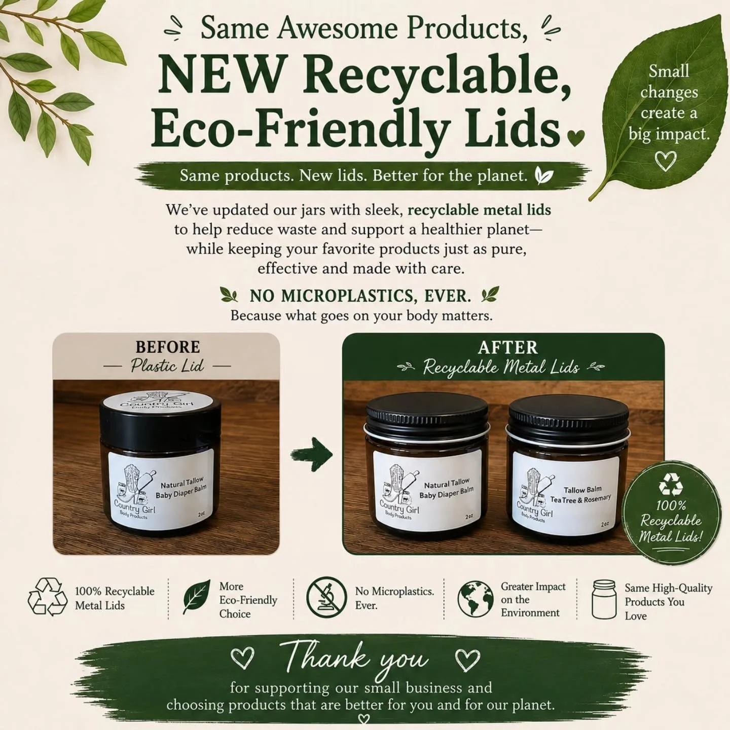 We&rsquo;re excited to share a small change that makes a big difference 🌿 Please be patient while we faze out the old lids! 

Same awesome products &mdash; now with new recyclable eco-friendly metal lids! 🌎

We&rsquo;re always looking for ways to r