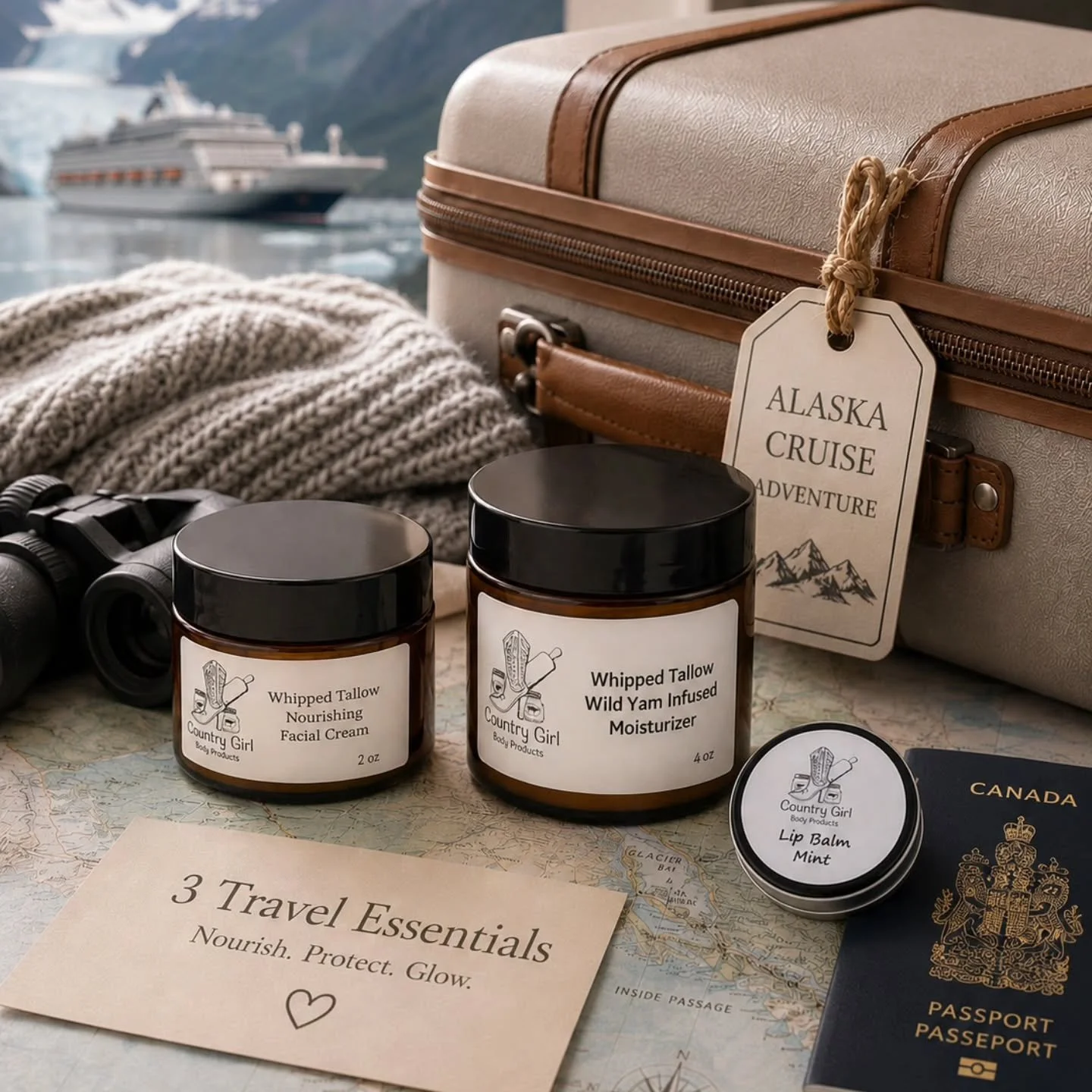 3 Travel Essentials ✈️

Vacation skincare matters &mdash; especially on an Alaskan Cruise where the wind, cool air and dry cabin air can leave your skin feeling dehydrated.

These are the 3 products coming with us:
&bull; Whipped Tallow Nourishing Fa