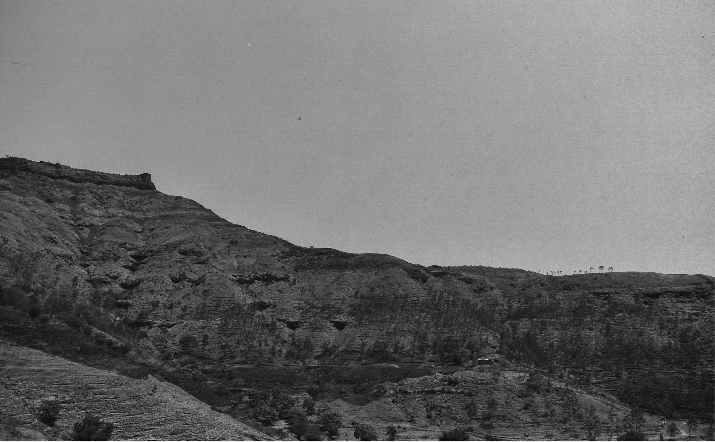 Black and white photo of rolling hillside with sparse trees and a small structure, under a clear sky.