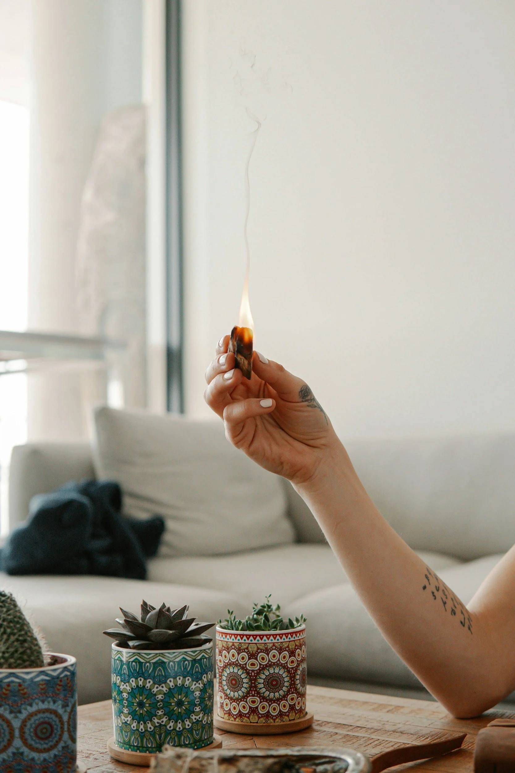 Person holding a burning smudge stick with smoke rising, with potted plants on a wooden table and a beige sofa in the background.