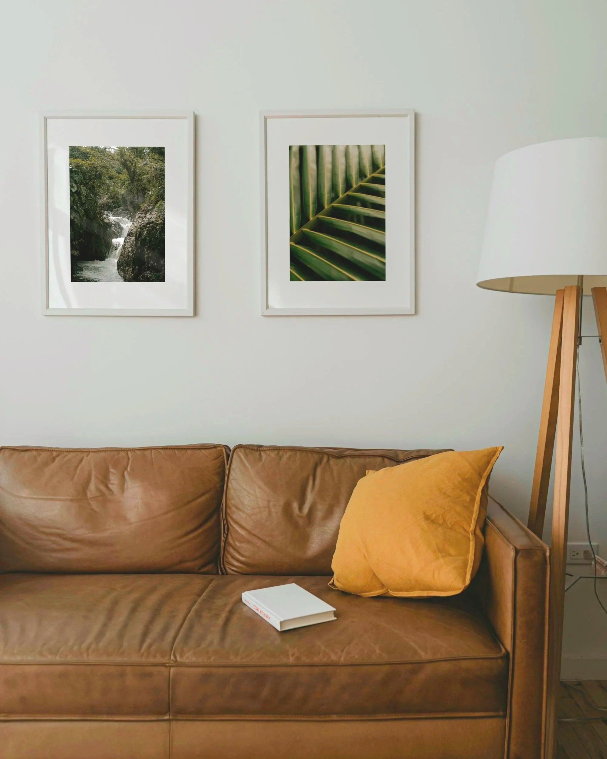 Living room with two framed nature photos on a white wall, a brown leather couch with a yellow pillow, a white book on the couch, and a floor lamp to the right.
