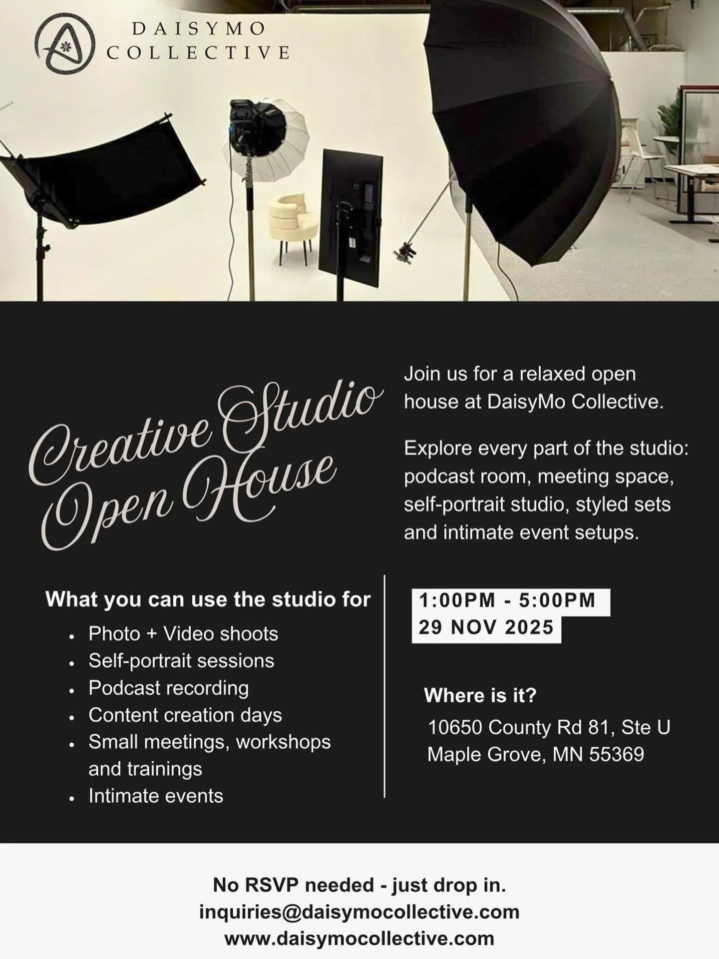 We&rsquo;re opening the doors.✨
Come explore DaisyMo Collective &mdash; a creative studio built for photo + video shoots, podcasting, content days, meetings, and intimate events.
Drop in, walk around, try a few setups, and see what you can create her
