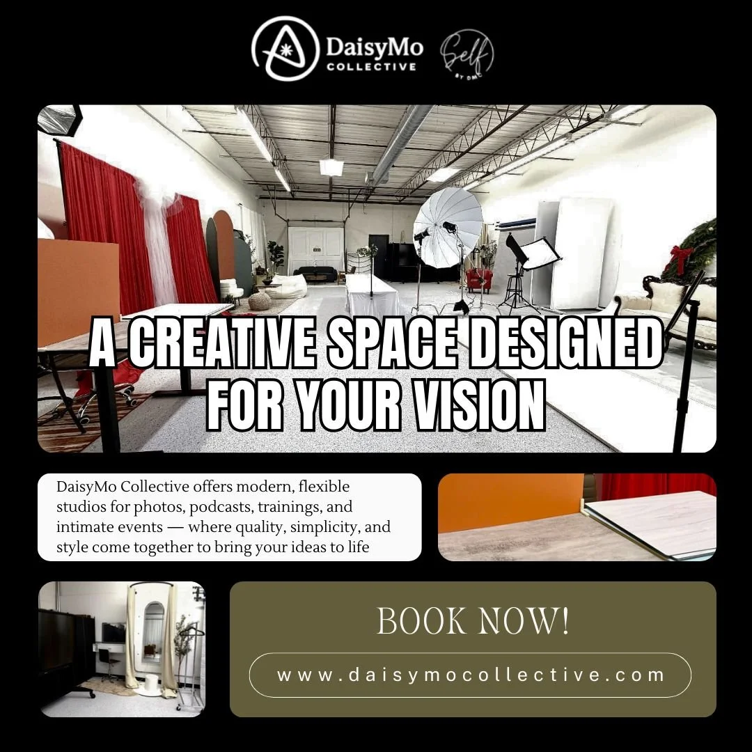 A Creative Space Designed for Your Vision
 Bring your ideas to life at DaisyMo Collective! Our modern, flexible studios are perfect for photoshoots, podcasts, trainings, and intimate events. Where quality, simplicity, and style come together to make 