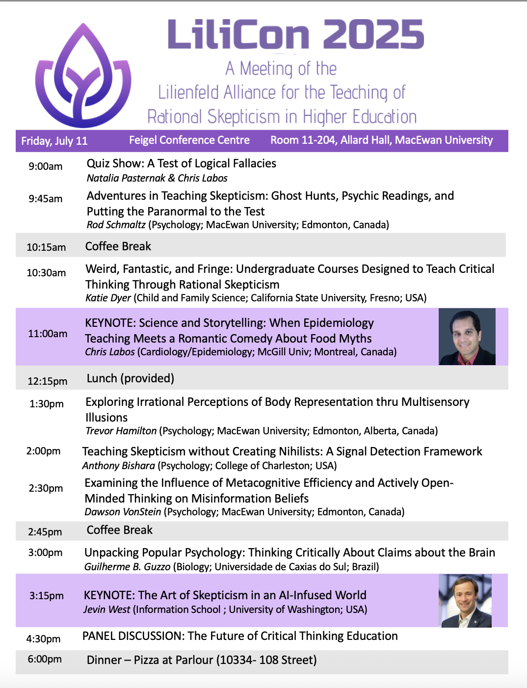 Schedule for Lilicon 2025 conference on July 11 at MacEwan University, including sessions on skepticism, teaching, and critical thinking, with keynote speakers Chris Labos and Jevin West.
