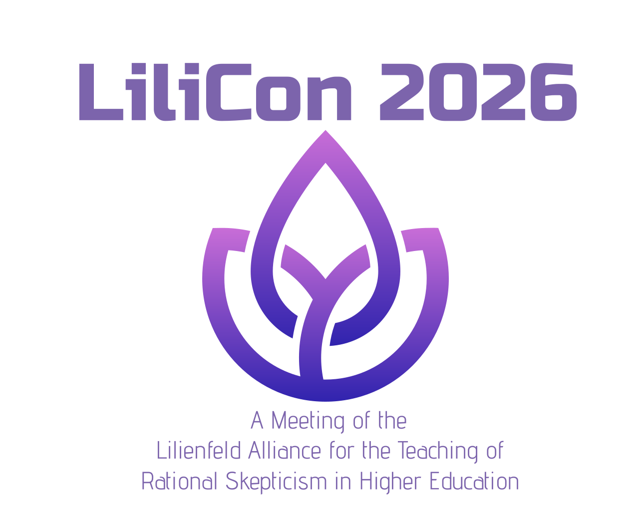 Purple and white logo for LILICON 2026, featuring a stylized lily  and text indicating a meeting of the Lilienfeld Alliance for the teaching of rational skepticism in higher education.