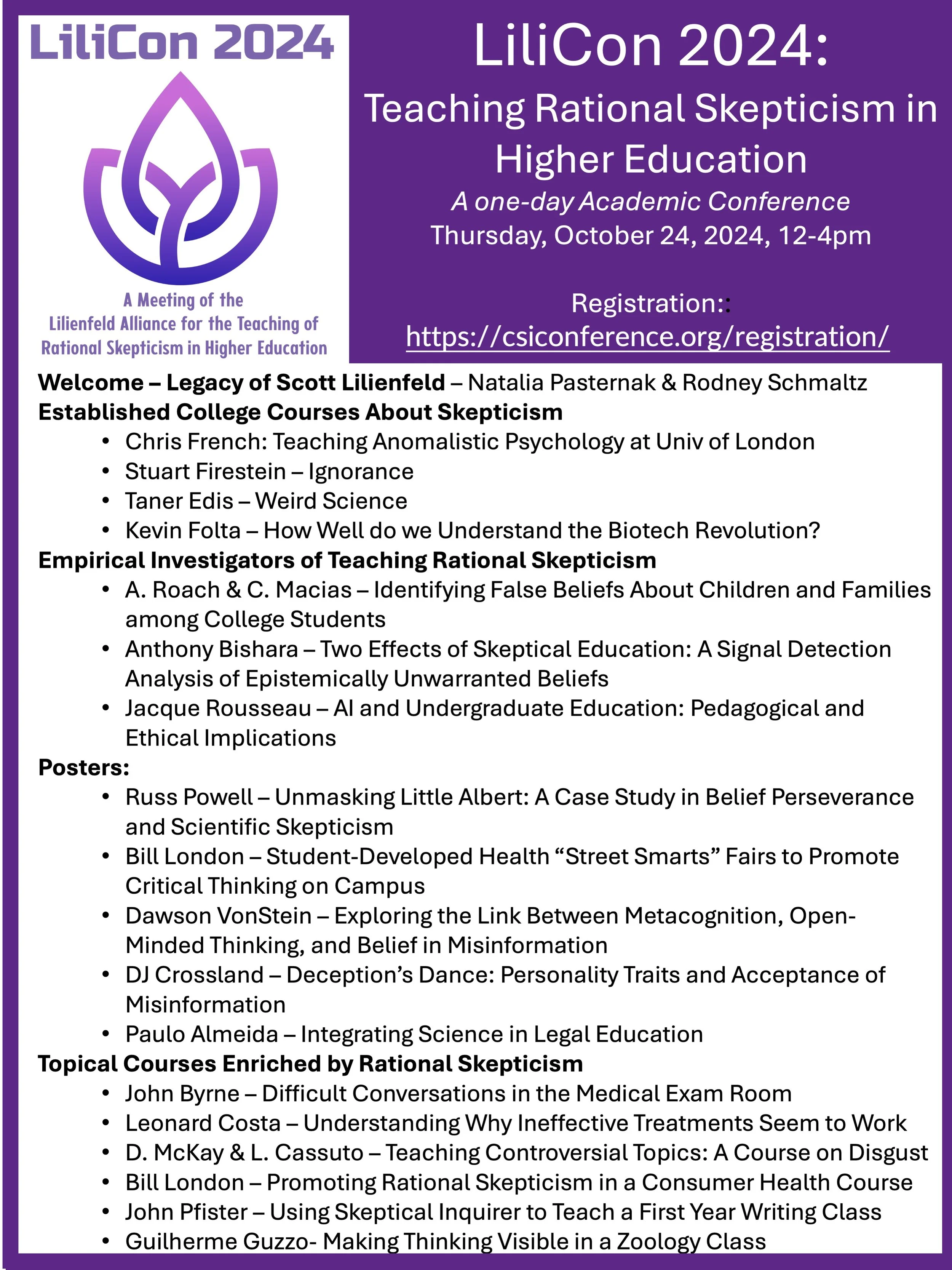 Flyer for LiliCon 2024 academic conference on teaching rational skepticism in higher education, scheduled for October 24, 2024. Features a purple logo and contains information about speakers, topics, and registration link.