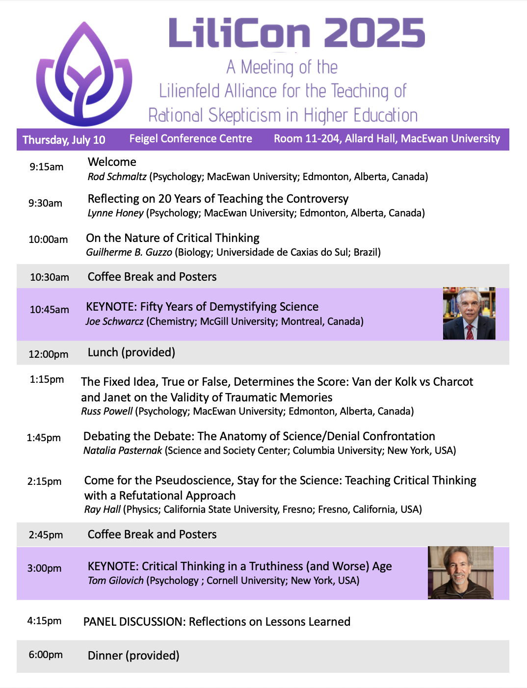 Schedule for Lilicon 2025 conference, featuring sessions on rational skepticism in higher education, with keynote speakers Joe Schwarcz and Tom Gilovich, and various academic discussions, held on July 10 at MacEwan University.