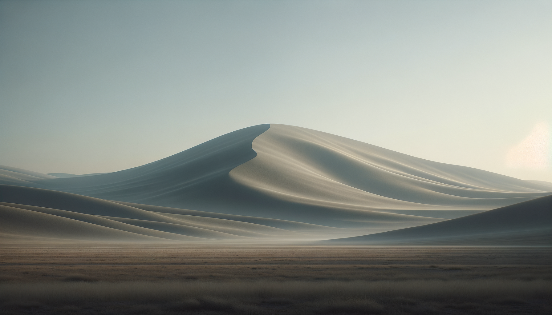 A vast desert landscape with large, smooth sand dunes, with sunlight illuminating the dunes from the right side, creating shadows and highlights.