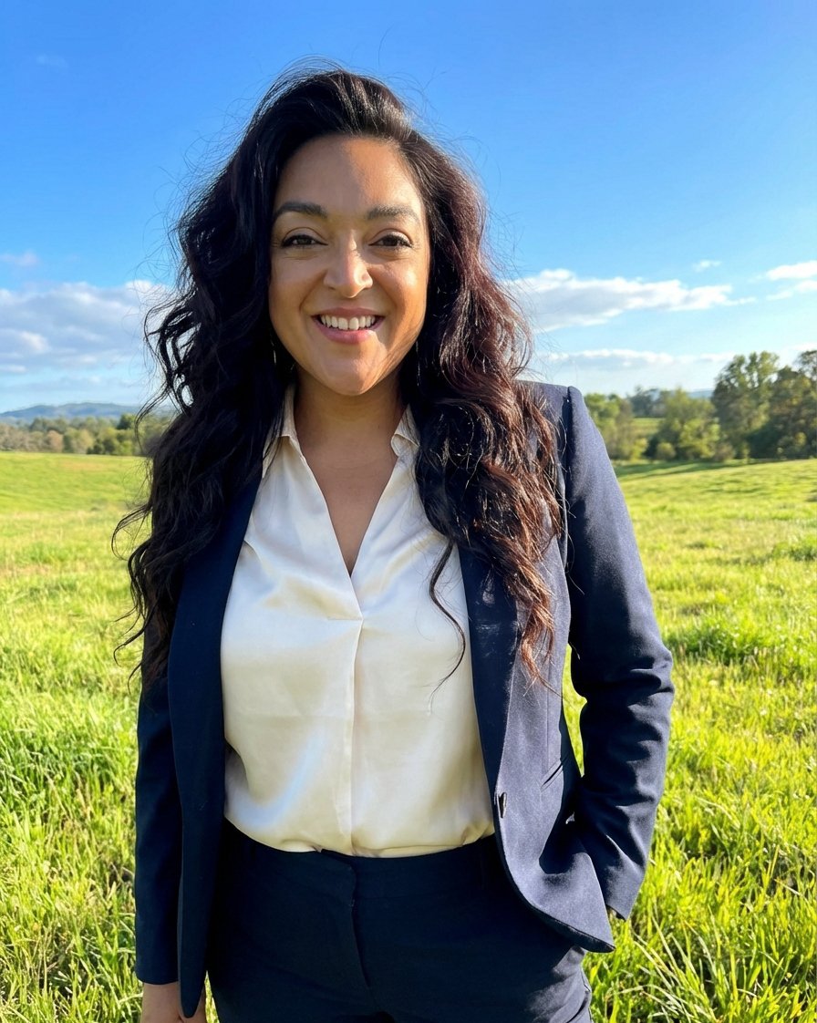 A woman with long dark wavy hair smiling outdoors in a field on a sunny day, wearing a navy blazer and cream blouse.
