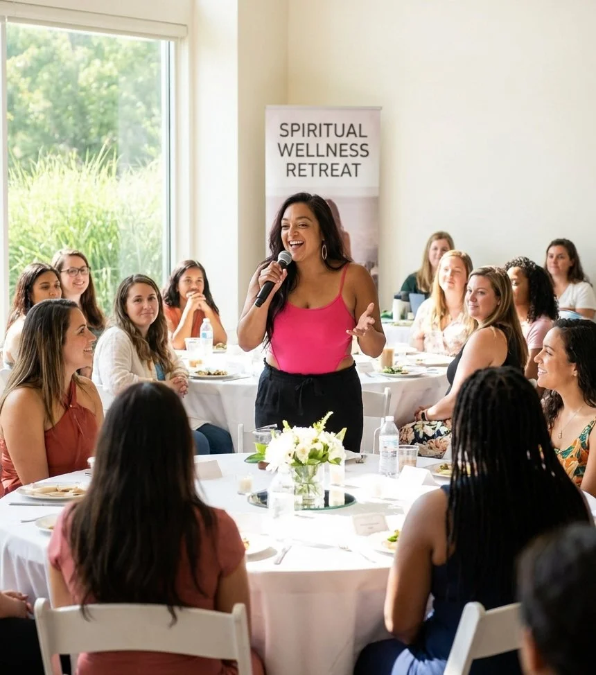 A woman in a pink top speaking into a microphone to a group of women at a spiritual wellness retreat.