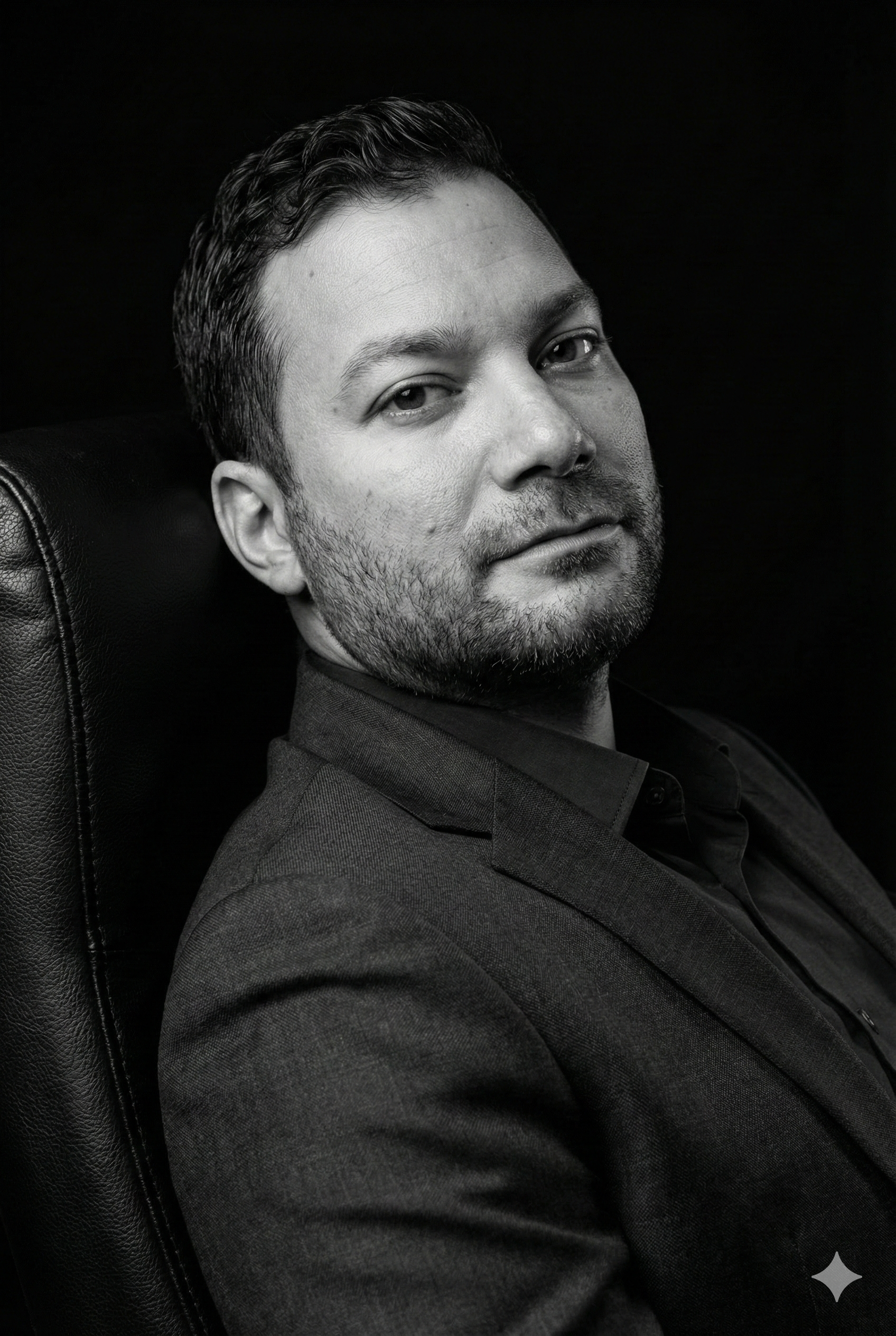 Black and white portrait of a man with short dark hair and a beard, sitting and looking at the camera with a slight smile.