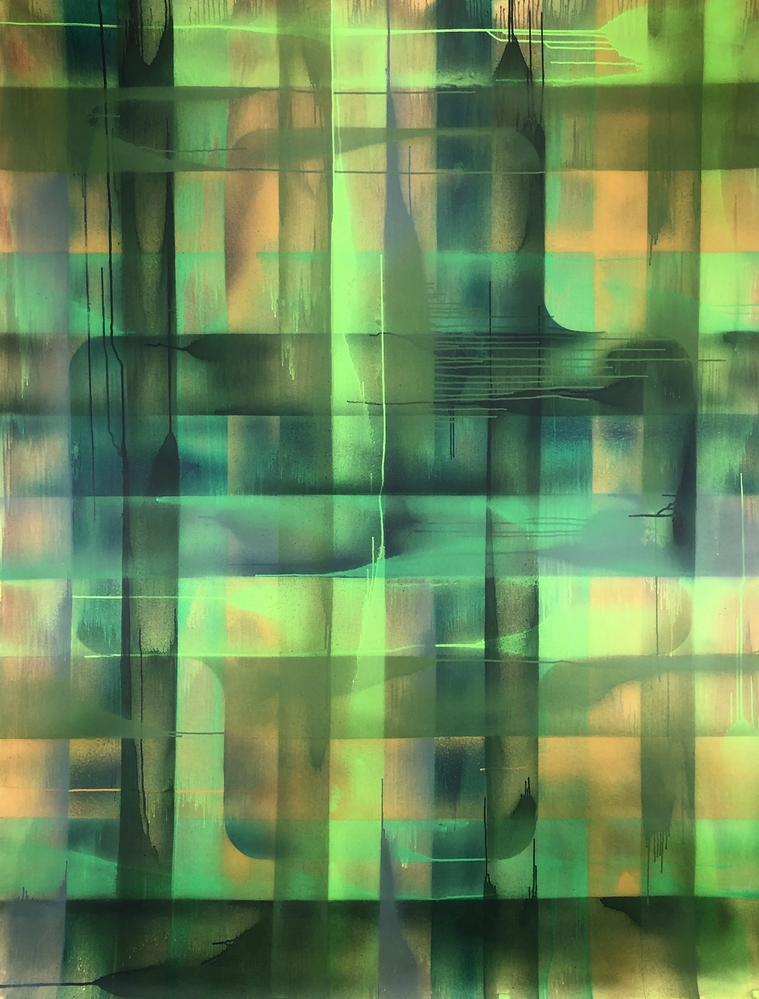 peinture abstraite floatting cross croix flottante  vert lac, spray, acrylique sur toile, Cédric Legros, 2025