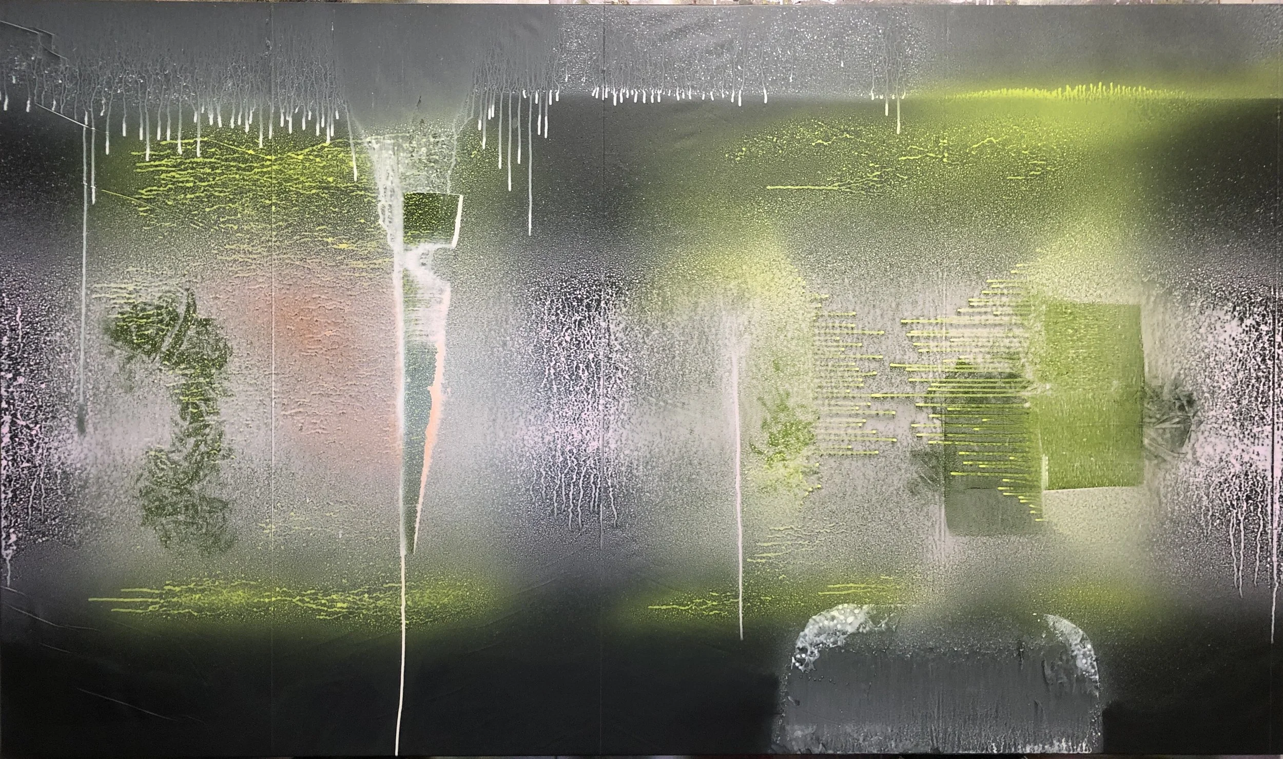 peinture paysage abstrait blanc rose vert, spray, acrylique sur toile, Cédric Legros, 2025