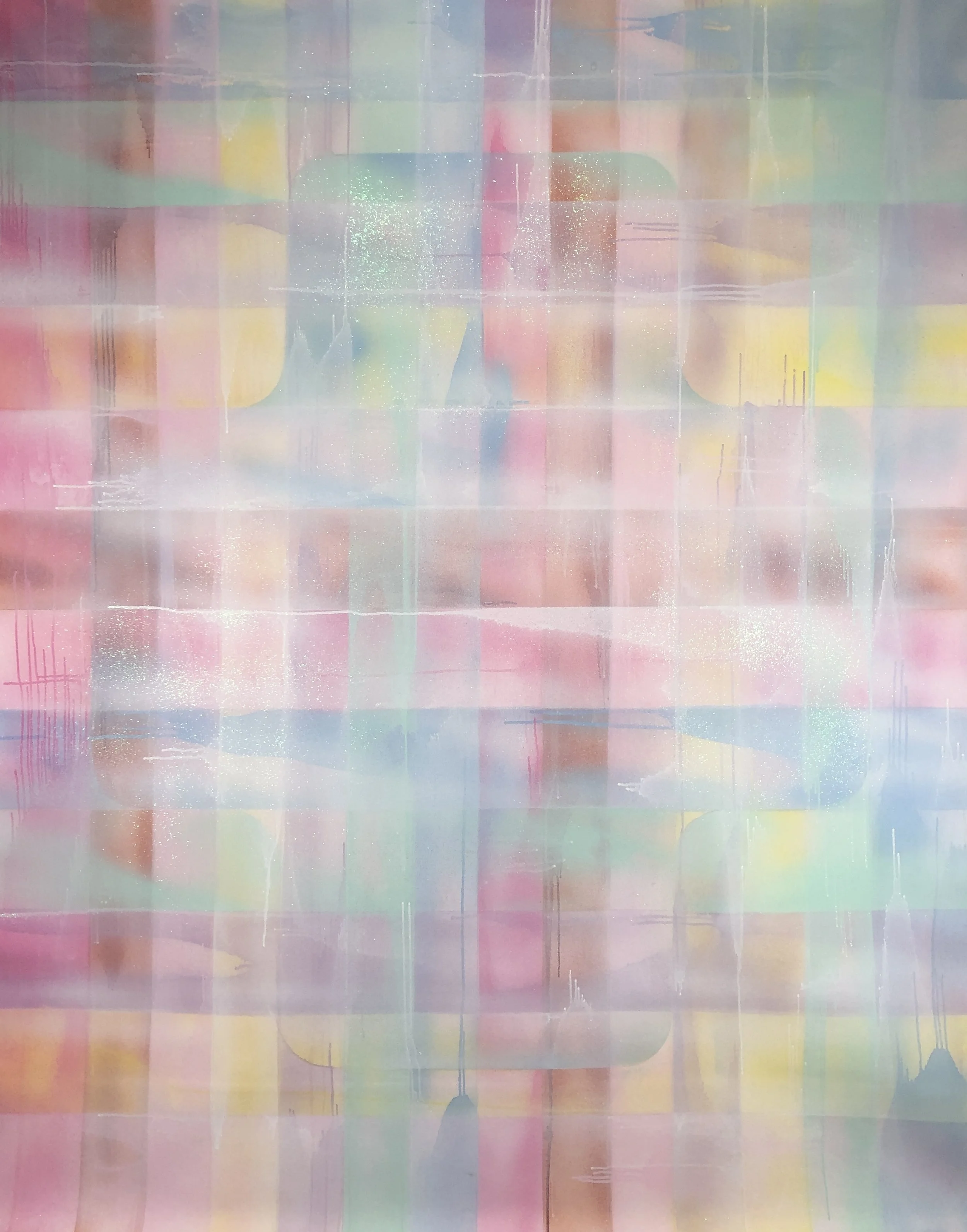 peinture abstraite floatting cross croix flottante blanc neige rose bleu vert, spray paillettes, acrylique sur toile, Cédric Legros, 2025