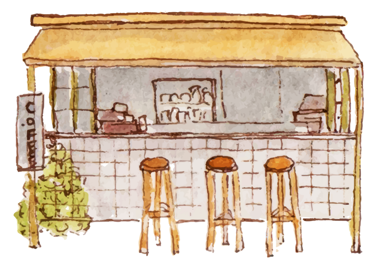 A watercolor illustration of a small café or bar with a counter, three wooden stools, a window behind the counter, a chalkboard sign outside, and leafy plants on the side.