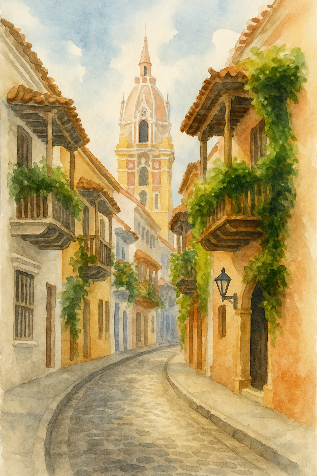 Watercolor painting of a narrow cobblestone street in an old European town, lined with colorful buildings with wooden balconies covered in green vines, with a tall church tower in the background under a partly cloudy sky.