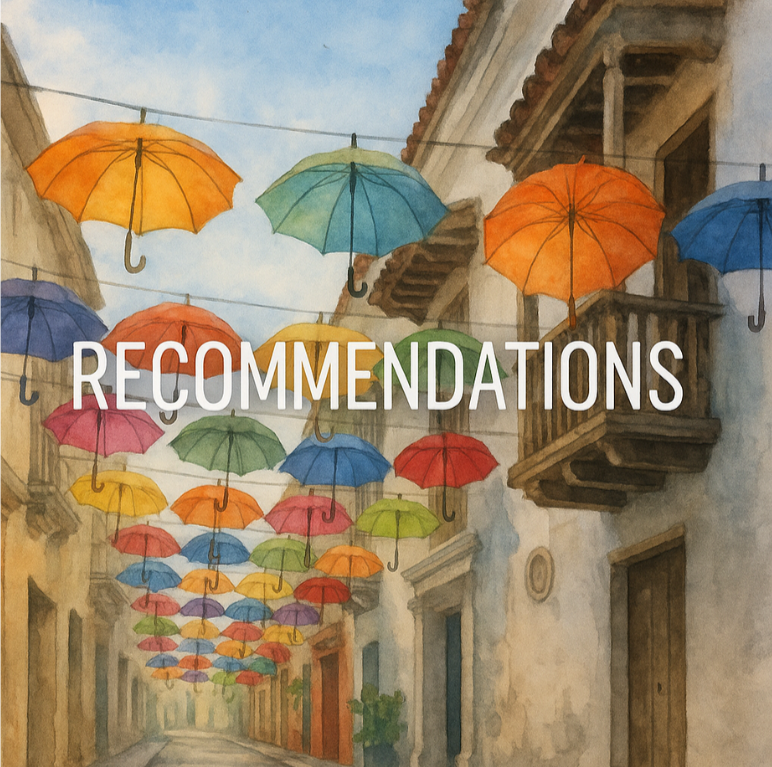 Watercolor painting of a street with colorful umbrellas hanging overhead and balconies on buildings.