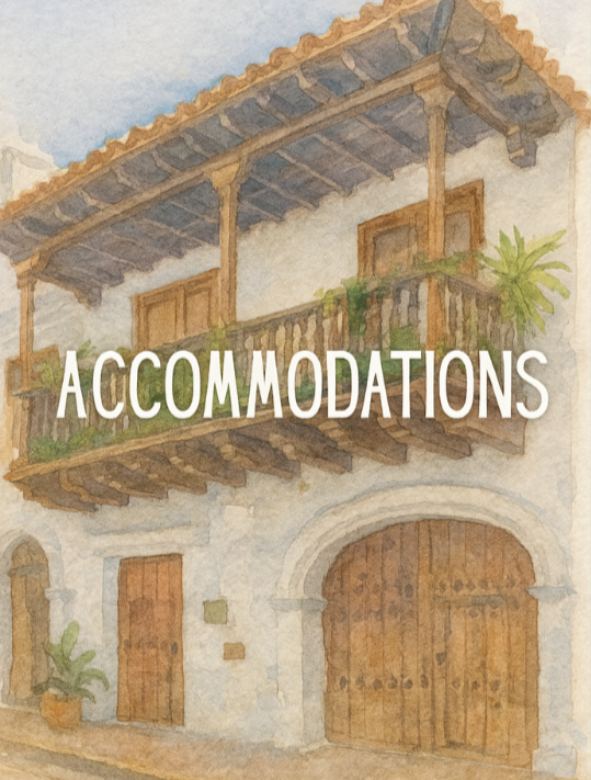 Watercolor illustration of a building with a balcony and wooden doors, with the word 'ACCOMMODATIONS' overlaid.