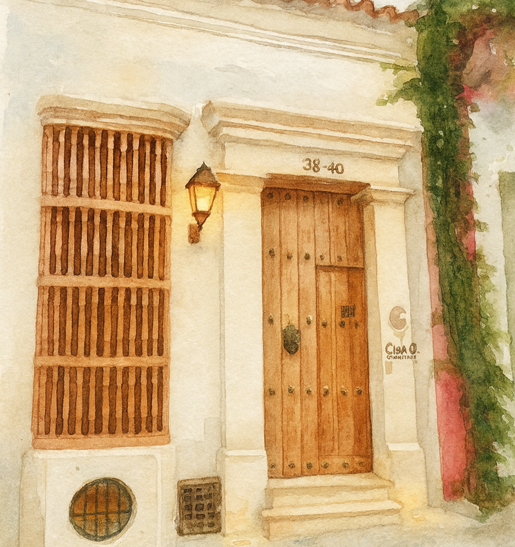 Watercolor painting of a house entrance with a wooden door, a lantern on the wall, a barred window, and climbing greenery