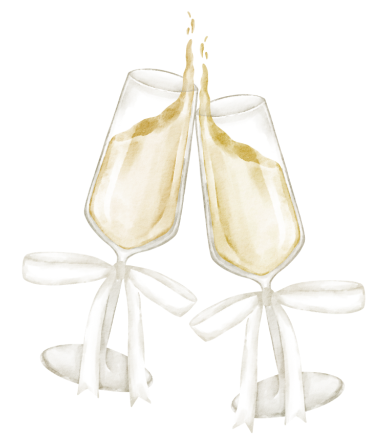 Two champagne glasses clinking together with ribbons tied around the stems.