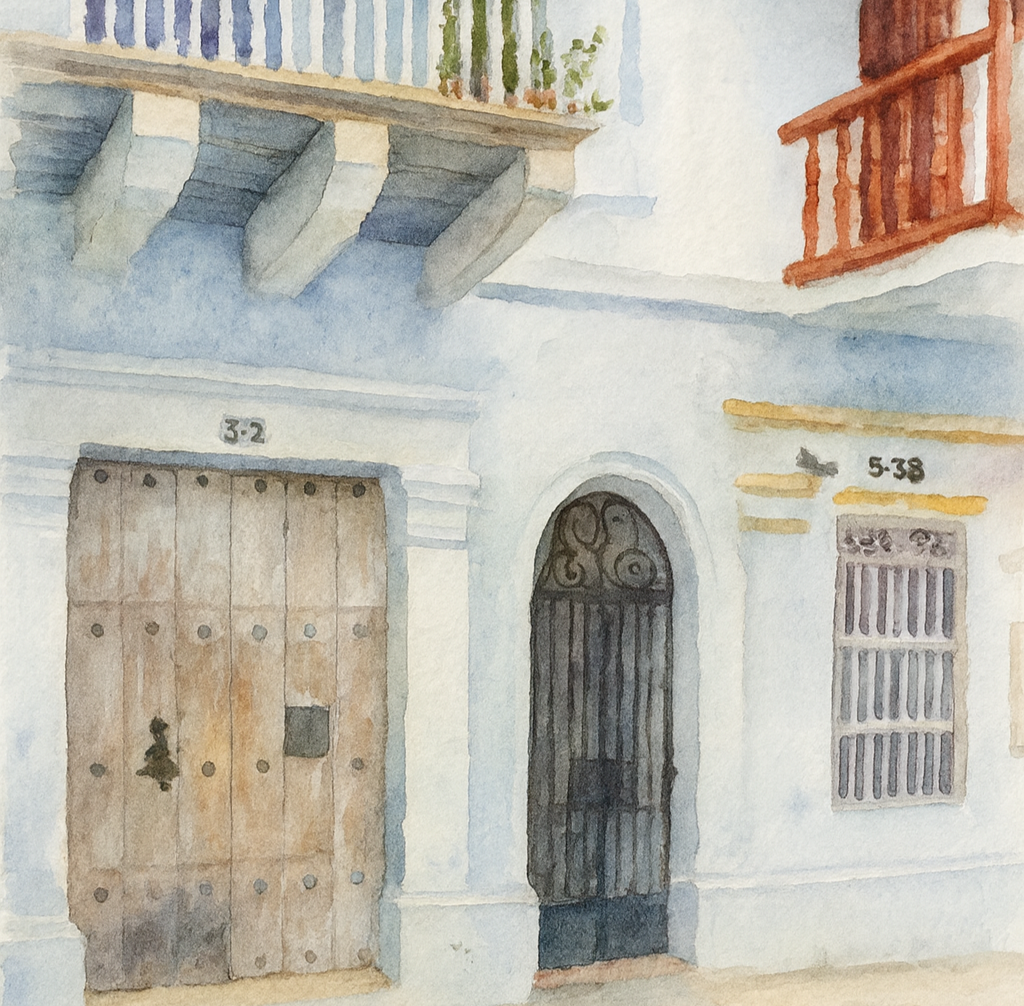 Watercolor painting of a white building with two doors and a window, with a balcony and wooden railings on the upper level.