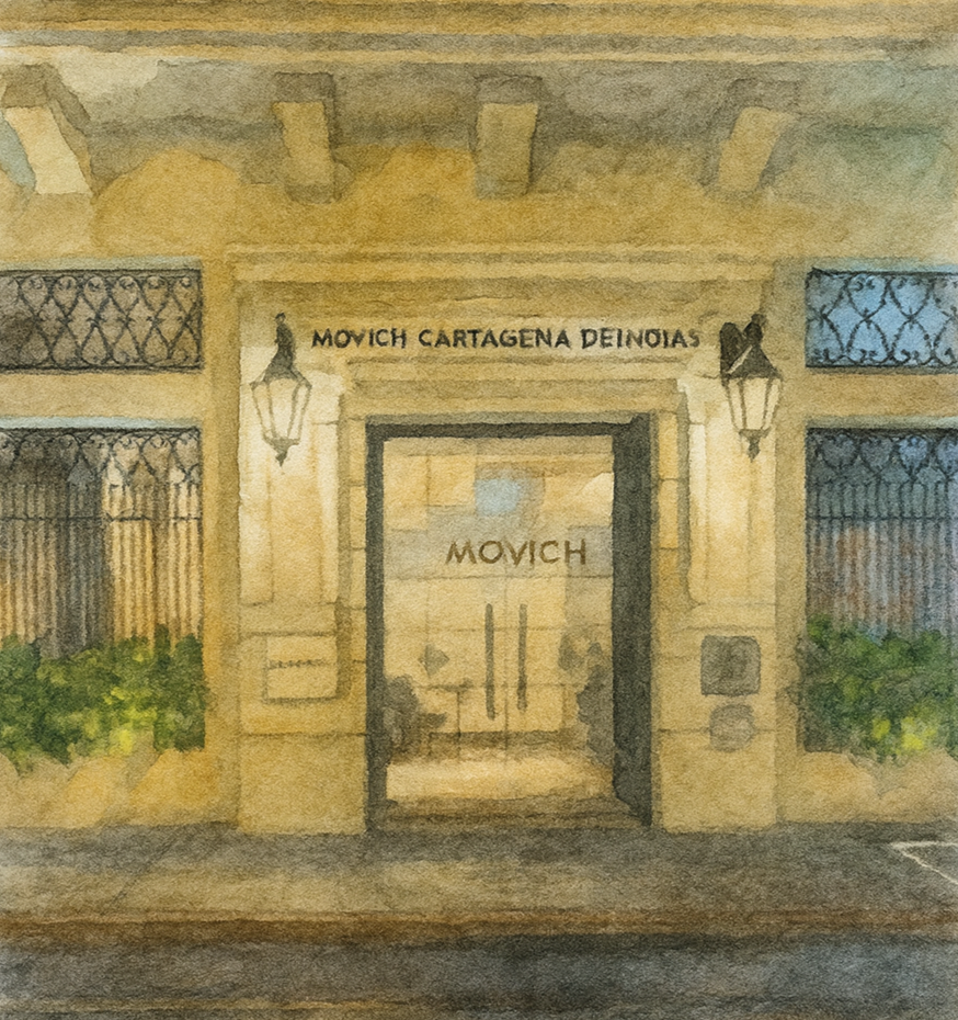 Watercolor painting of the entrance to Movich Cartagena De Indias hotel, with a glass door, two wall-mounted lanterns, and greenery on either side.