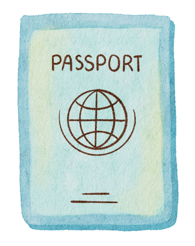A watercolor illustration of a passport with a globe icon on the cover.
