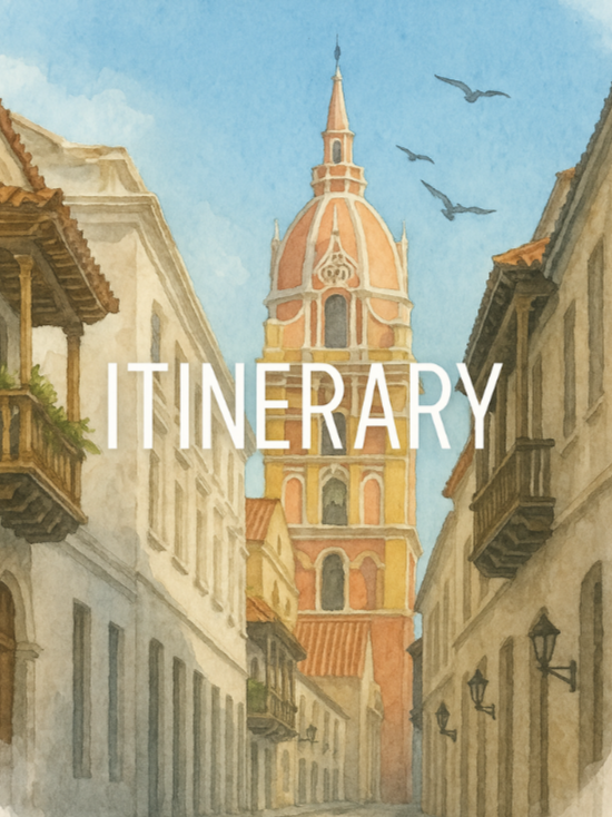 A watercolor illustration of a historic city street with a tall, ornate church tower in the background, flanked by old buildings with balconies. Three birds are flying in the sky. The word "ITINERARY" is prominently displayed across the center.