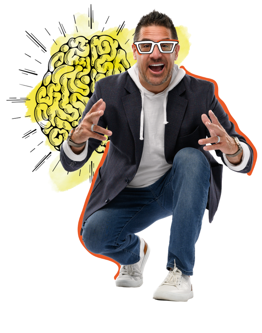A man wearing glasses, a blazer, white hoodie, and jeans, crouching and gesturing excitedly with a surprised or enthusiastic facial expression, with a yellow brain illustration in the background.