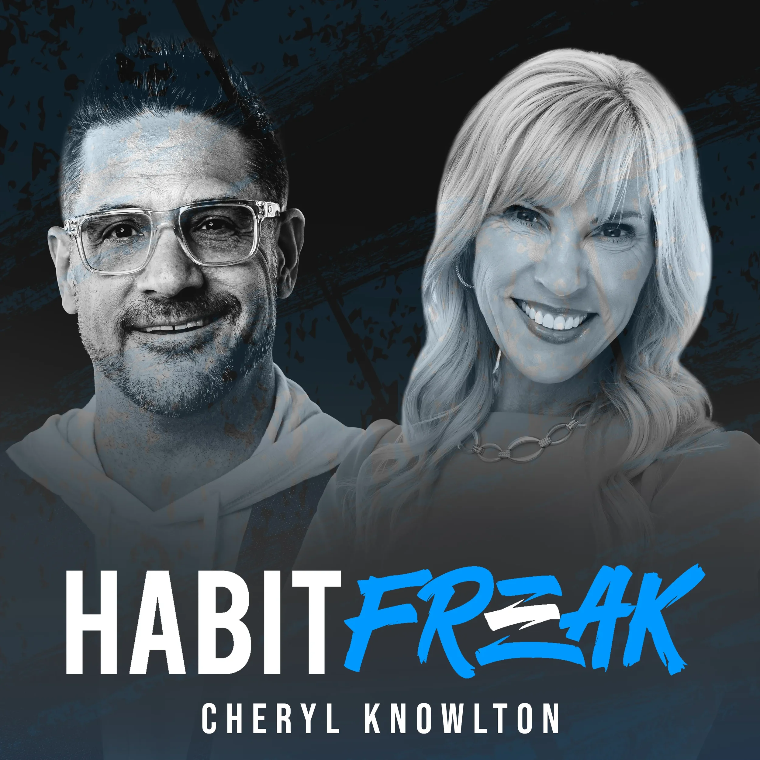 Close-up of the book cover for 'Habit Tracking 101' by Cheryl Knowlton, featuring a smiling older man with glasses and short dark hair, and a smiling older woman with long blonde hair. The background has abstract black and dark blue patterns, with the title partly visible in large white and blue letters at the bottom.