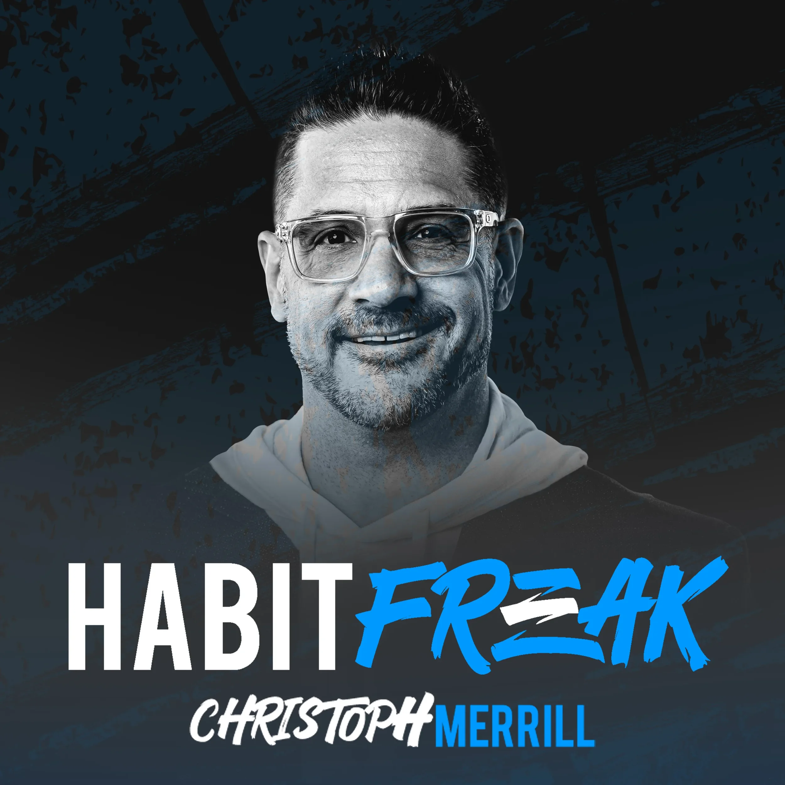Close-up of a man's face with glasses, short dark hair, and a slight smile, set against a dark, abstract background with text in various colors and fonts, including the words 'HABIT,' 'CHRISTOPHER,' and 'MERRILL.'