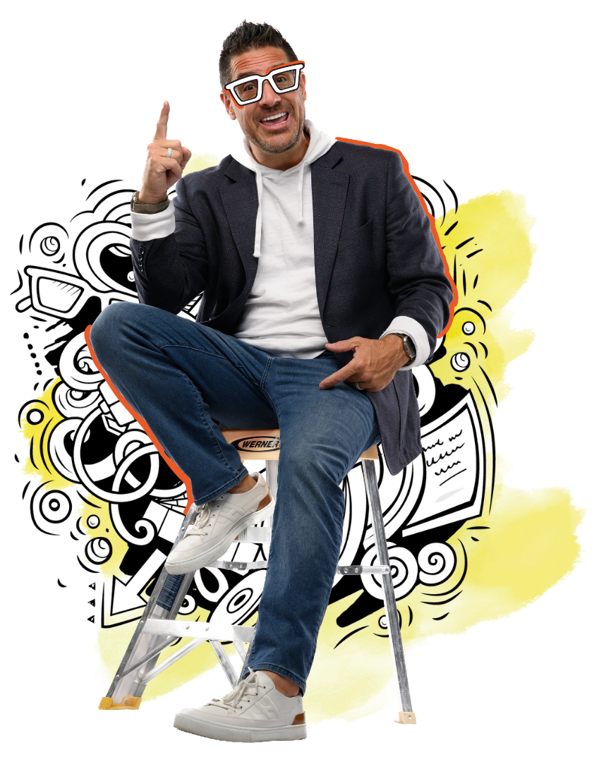 A man sitting on a step ladder, wearing glasses, a blazer over a hoodie, jeans, and sneakers, pointing his finger up while smiling. A graphic sketch background in black, yellow, and red with abstract doodles and a paper with text.