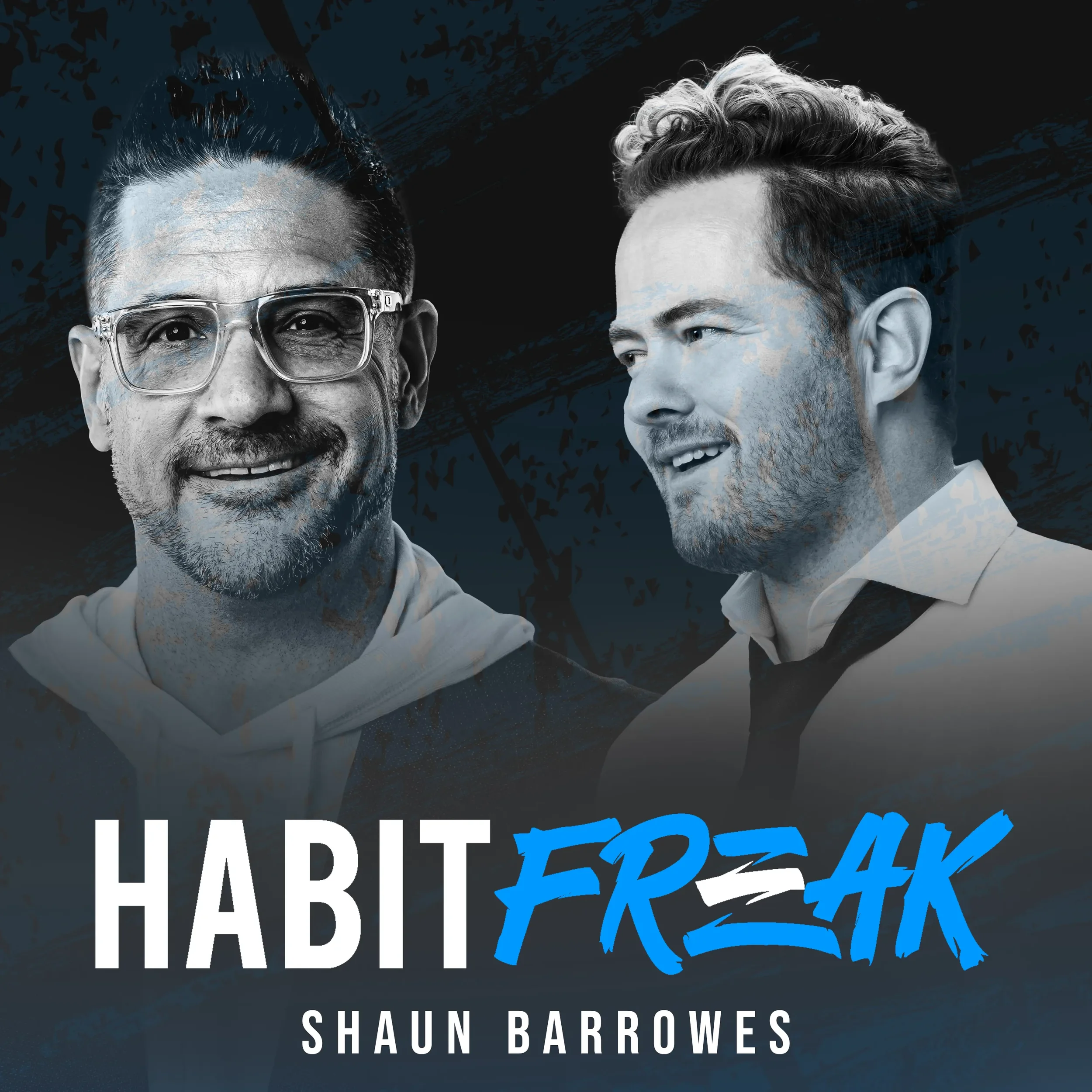 Cover of the book titled 'Habits of High Performers' by Shaun Barrowes, featuring a close-up of two men smiling, one with glasses and a beard, and the other with styled hair, set against a dark background with abstract patterns.