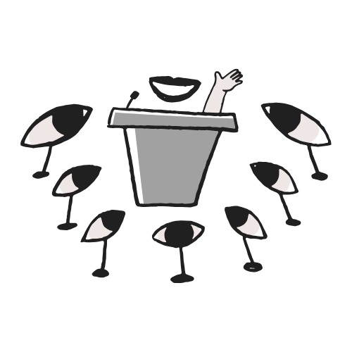 eyes looking at a podium where a smiling mouth hovers