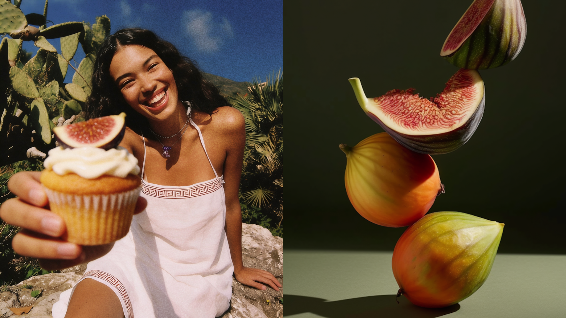 A young woman with dark, curly hair smiling and holding a cupcake topped with a fig slice. The background features desert plants and a clear blue sky. Next to her is an artistic arrangement of figs and peppers stacked on top of each other.